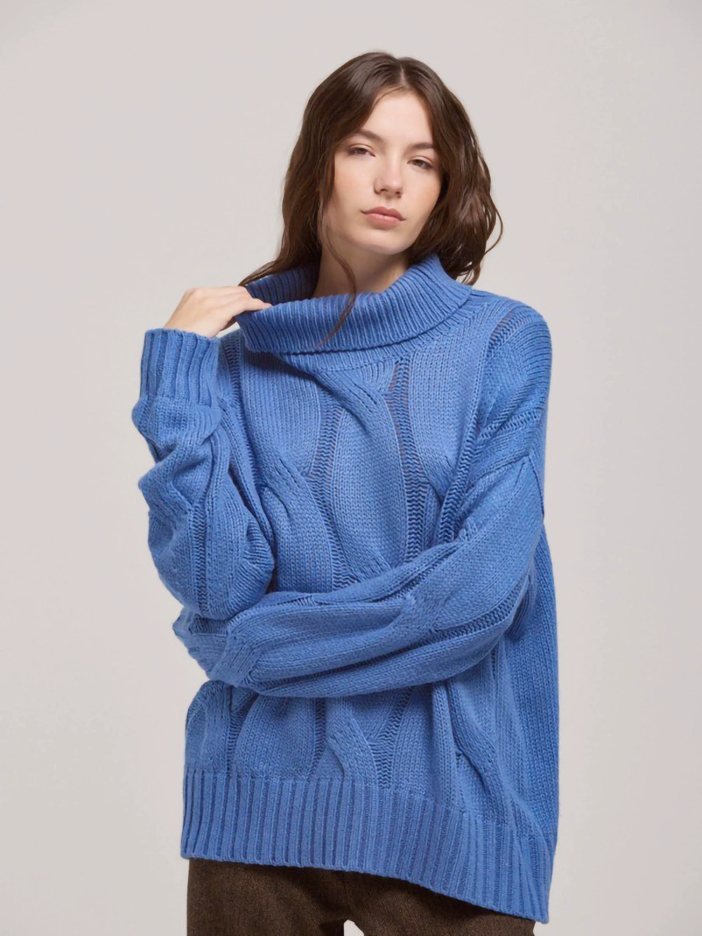 ZARA Womens Blue Cable Knit Turtleneck Pullover Sweater Fall Minimalist Elegant